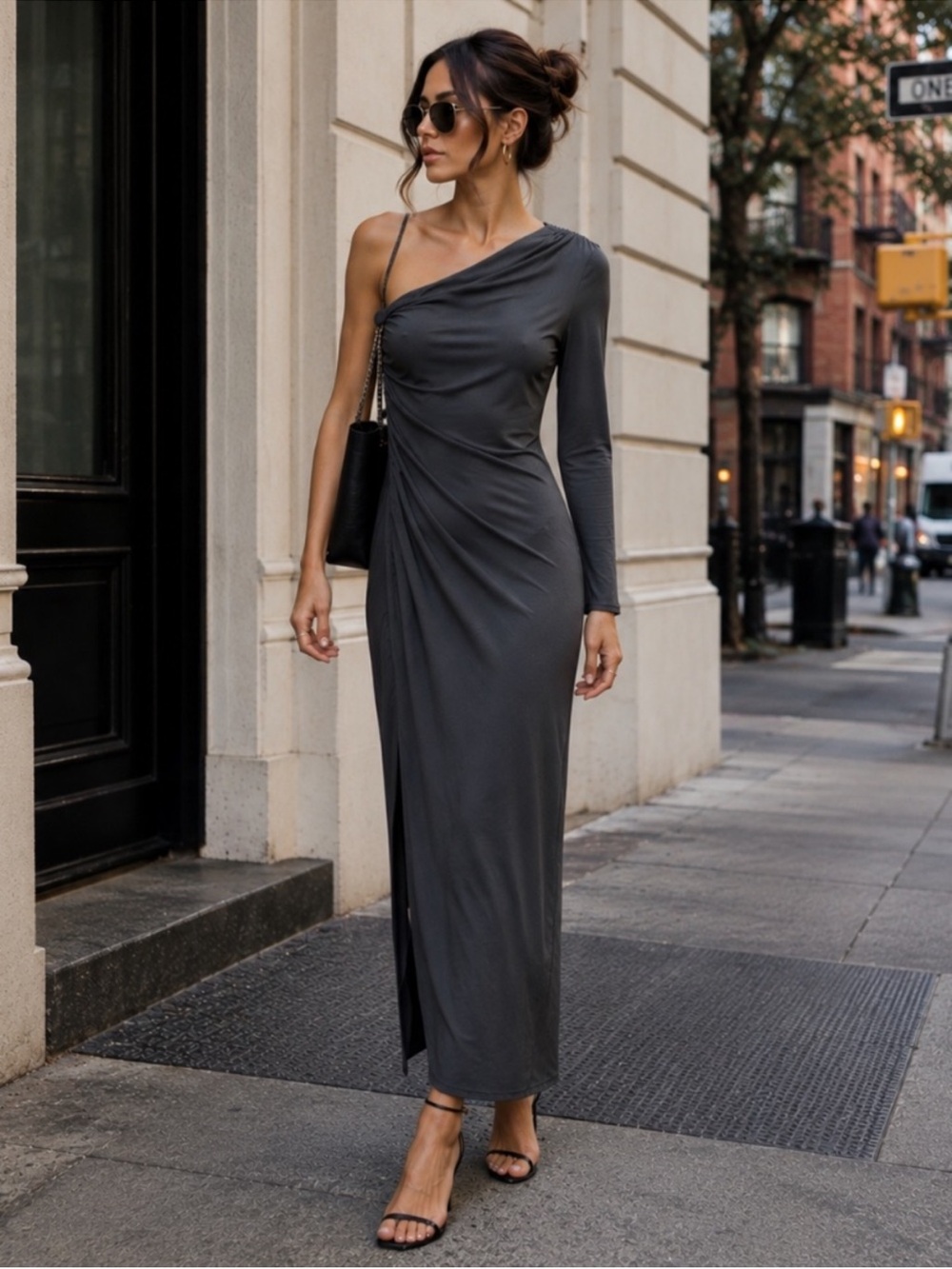 Zara Charcoal One-Shoulder Ruched Maxi Dress